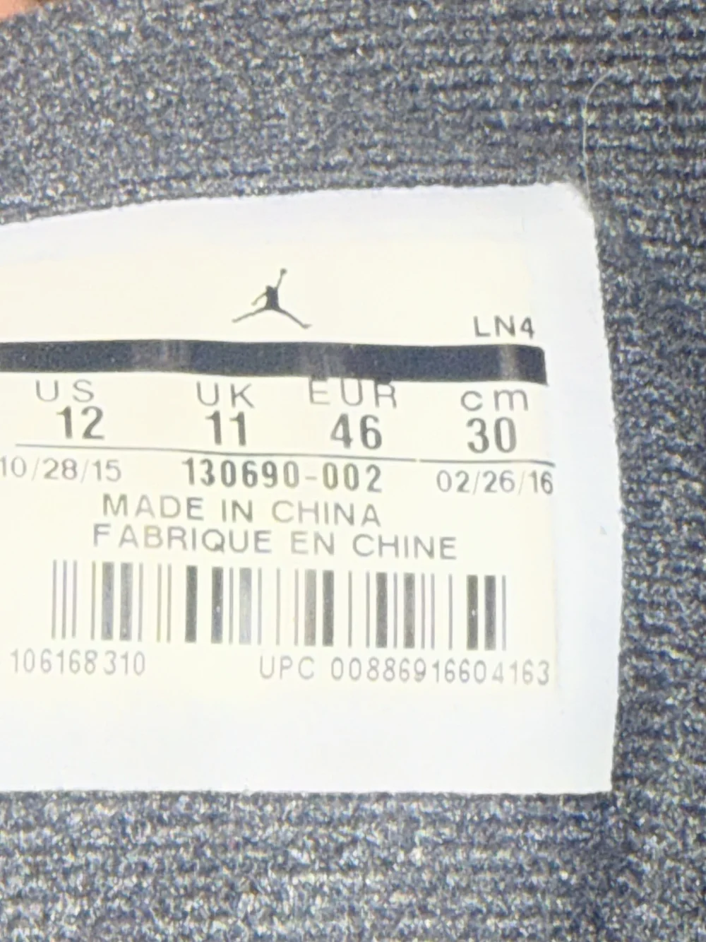 Air Jordan Size 12 Men’s Shoe Label - Black/White
